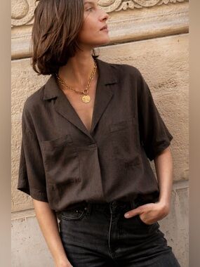 Prologue Brown Short-Sleeve Camp-Collar V-Neck Shirt Blouse Pullover XXL